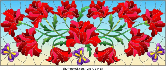 Illustration in stained glass style with flowers, leaves and buds of a poppy flower on a blue background, horizontal orientation