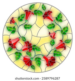 Illustration in stained glass style flowers loach, red flowers and leaves on yellow background,round picture