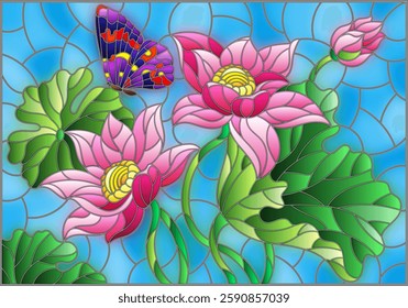 Illustration in stained glass style with flowers, buds and leaves of a pink Lotus and a butterfly on a blue sky background