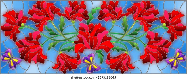Illustration in stained glass style with flowers, leaves and buds of a poppy flower on a blue background, horizontal orientation