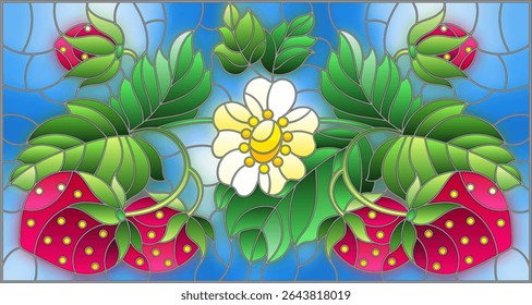Illustration in stained glass style with flowers, berries and leaves of strawberry on a blue background