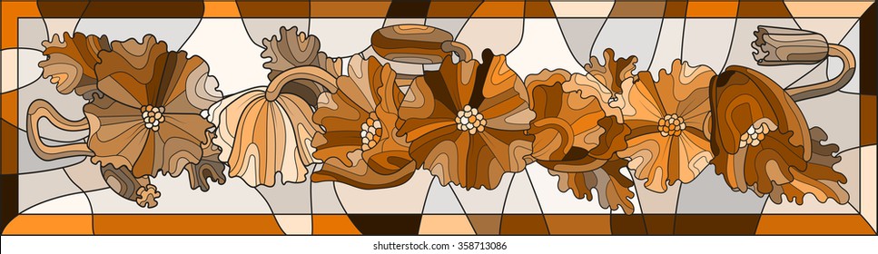 Illustration in stained glass style flowers in brown colors