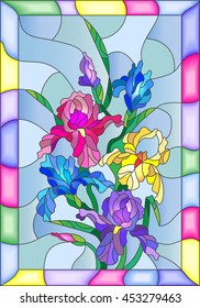 Illustration in stained glass style with flowers, buds and leaves of iris 