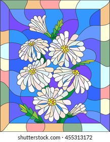 Illustration in stained glass style with flowers, buds and leaves of chamomile