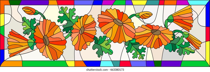 Illustration in stained glass style with flowers, buds and leaves of calendula