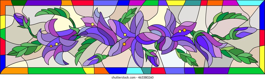 Illustration in stained glass style with flowers, buds and leaves of bluebells flowers