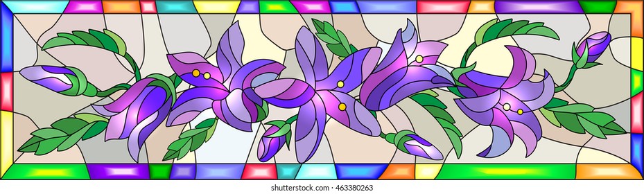 Illustration in stained glass style with flowers, buds and leaves of bluebells flowers