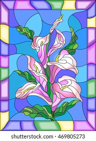 Illustration in stained glass style with flowers, buds and leaves of  Calla flower
