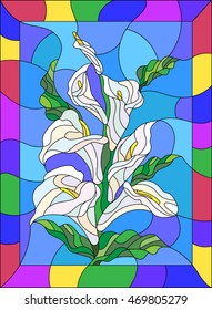 Illustration in stained glass style with flowers, buds and leaves of  Calla flower