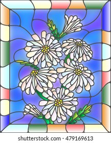 Illustration in stained glass style with flowers, buds and leaves of chamomile