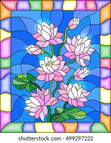 Illustration in stained glass style with flowers, buds and leaves of Lotus