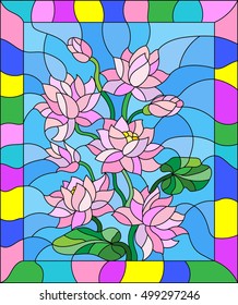Illustration in stained glass style with flowers, buds and leaves of Lotus