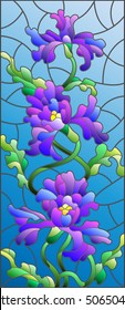 Illustration in stained glass style with flowers, buds and leaves of iris 