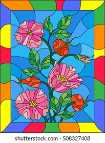 Illustration in stained glass style with flowers , berries and leaves of wild rose in a bright frame