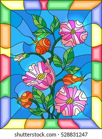 Illustration in stained glass style with flowers , berries and leaves of wild rose in a bright frame