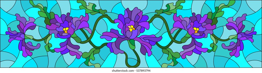 Illustration in stained glass style with flowers, buds and leaves of iris on a blue background,the horizontal orientation 