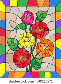 Illustration in stained glass style with flowers, buds and leaves of  zinnias on a brown background