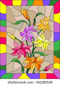 Illustration in stained glass style with flowers, buds and leaves of Lily