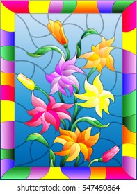 Illustration in stained glass style with flowers, buds and leaves of Lily
