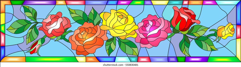 Illustration in stained glass style with flowers  and leaves of  rose in a bright frame