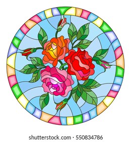 Illustration in stained glass style with flowers and leaves of  rose in a bright round frame