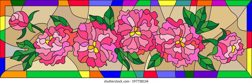 Illustration in stained glass style with flowers, buds and leaves of  pink peonies on a brown background in bright frame,horizontal orientation