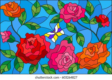 Illustration in stained glass style with flowers  and leaves of  rose on the blue background