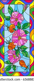 Illustration in stained glass style with flowers , berries and leaves of wild rose in a bright frame,vertical orientation