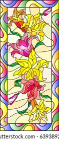 Illustration in stained glass style with flowers, buds and leaves of Lily,vertical orientation