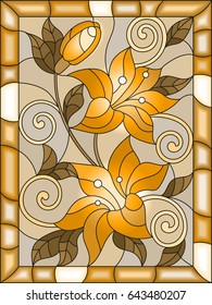 Illustration in stained glass style with flowers and leaves  of lilies , tone brown, sepia