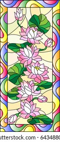 Illustration in stained glass style with flowers, buds and leaves of Lotus,vertical orientation