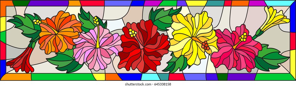 Illustration in stained glass style with flowers and leaves  of hibiscus on a light background in bright frame