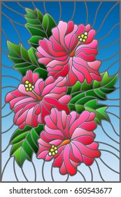 Illustration in stained glass style with flowers and leaves  of hibiscus on a blue background