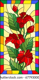 Illustration in stained glass style with flowers, buds and leaves of  Calla flower in a bright frame