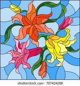 Illustration in stained glass style with flowers and leaves  of lilies on a blue background 