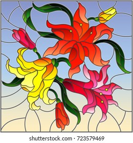 Illustration in stained glass style with flowers and leaves  of lilies on a sky background 