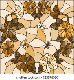 Illustration in stained glass style with  flowers in a circle and butterflies,brown tone,Sepia