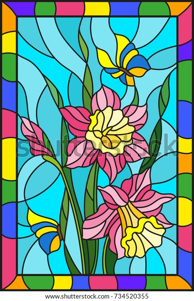 Illustration Stained Glass Style Flowers Leaves Stock Vector (Royalty ...