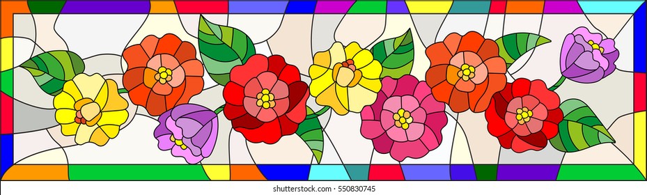 Illustration in stained glass style with flowers,buds  and leaves of  zinnias in a bright frame,horizontal orientation