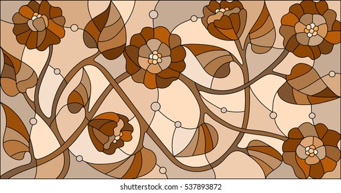 Illustration in stained glass style with  flowers,monochrome Sepia, horizontal orientation