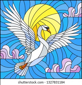 Illustration in stained glass style with flying white Swan on the background of blue sky, sun and clouds