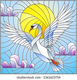 Illustration in stained glass style with flying white Swan on the background of blue sky, sun and clouds