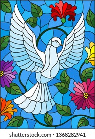 Illustration in stained glass style with flying white dove on purple background with flowers, oval picture in bright frame