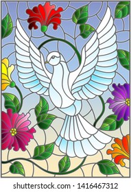Illustration in stained glass style with flying white dove on sky background with flowers