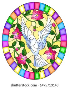 Illustration in stained glass style with flying white dove and pink flowers on yellow background, oval picture in bright frame