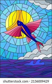 Illustration in stained glass style with a flying fish on the background of water ,cloud, sky and sun