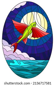 Illustration in stained glass style with a flying fish on the background of water ,cloud, night sky and moon