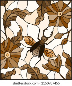 Illustration in stained glass style with flying Rhino beetle on background of branches with  flowers and leaves, tone brown