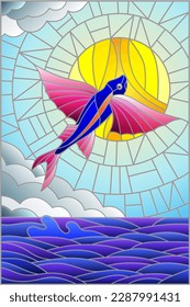 Illustration in stained glass style with a flying fish on the background of water ,cloud, sky and sun