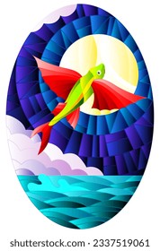 Illustration in stained glass style with a flying fish on the background of water ,cloud, night sky and moon